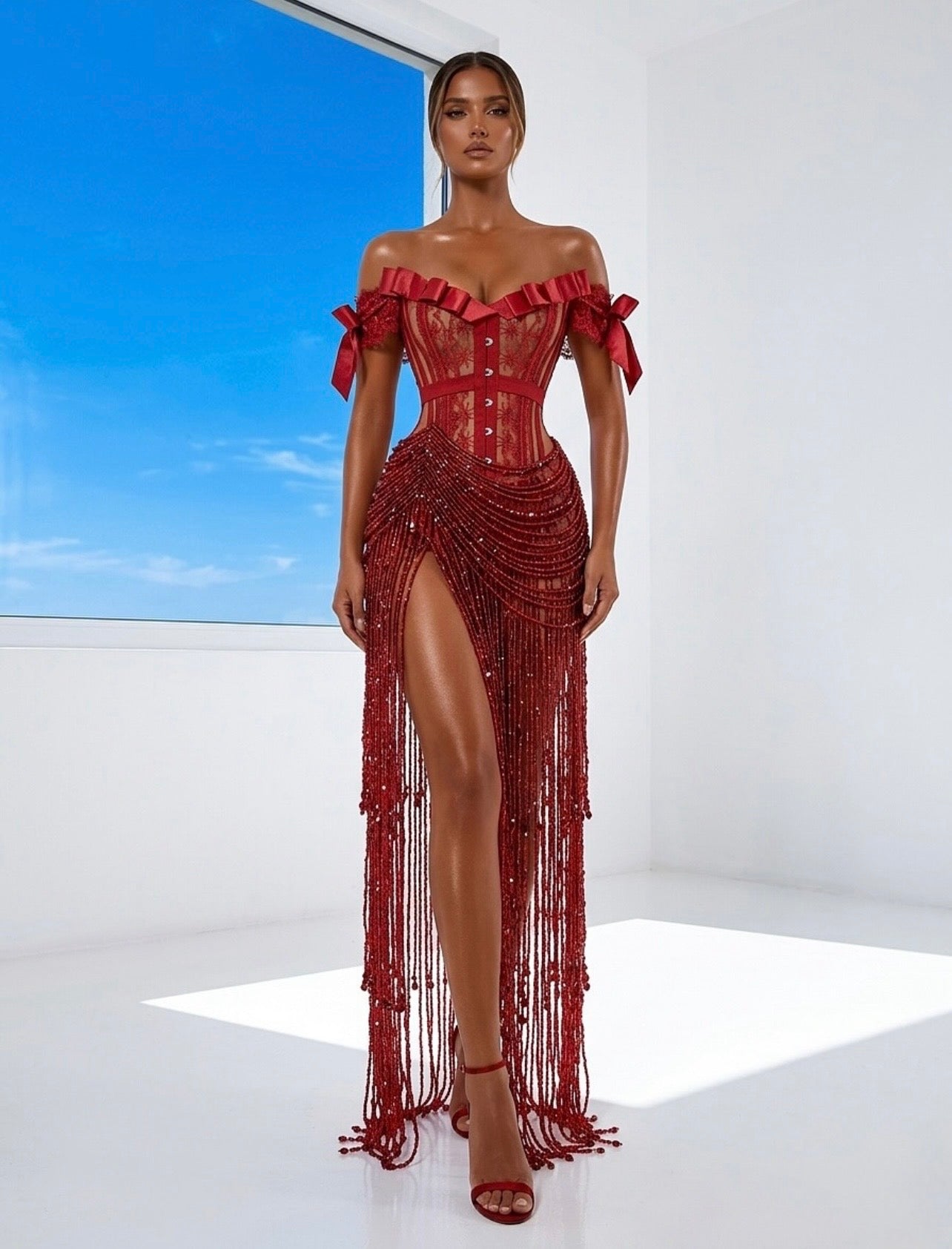 Red Lace Corset Beaded Gown