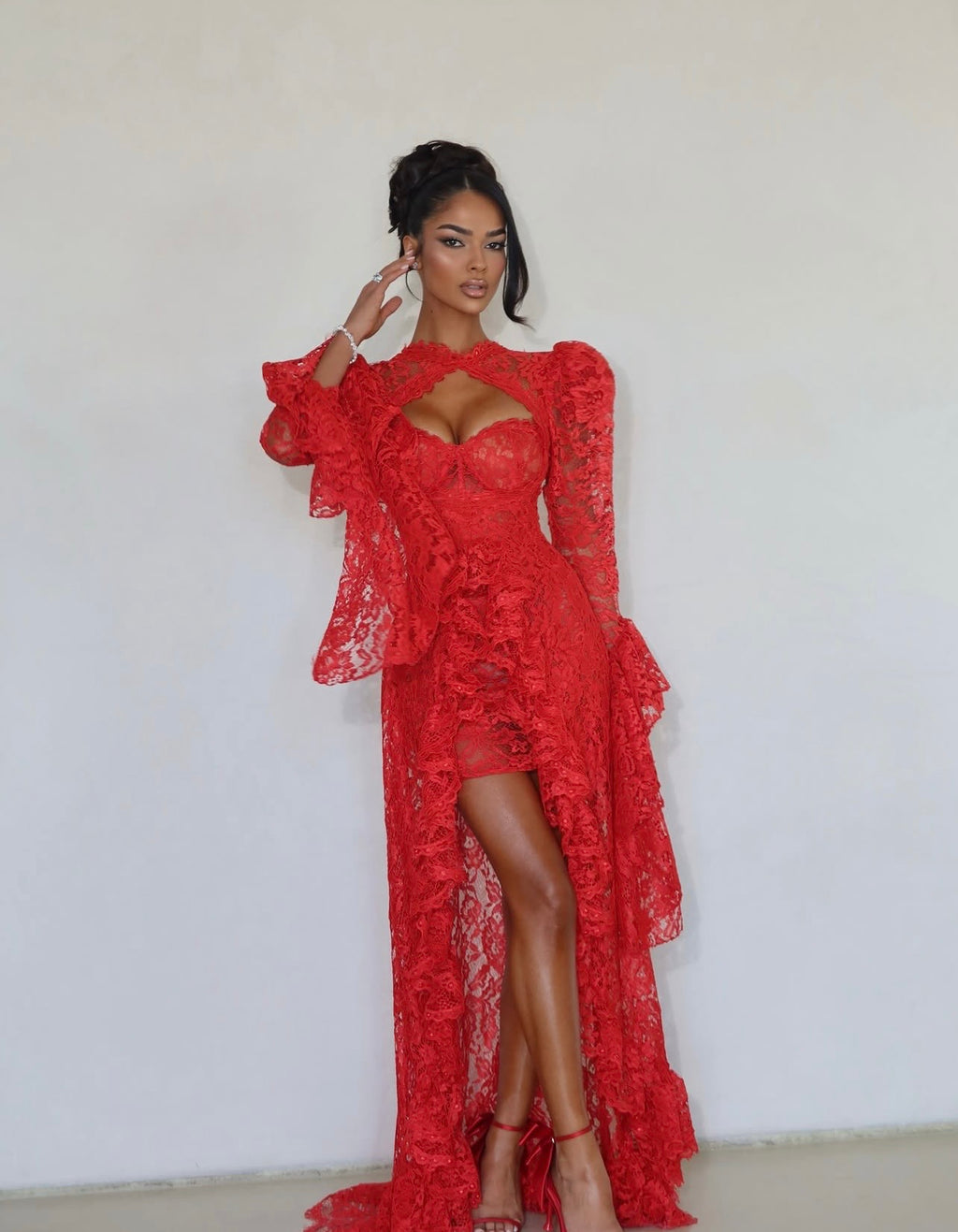 Red Lace Ruffle Gown