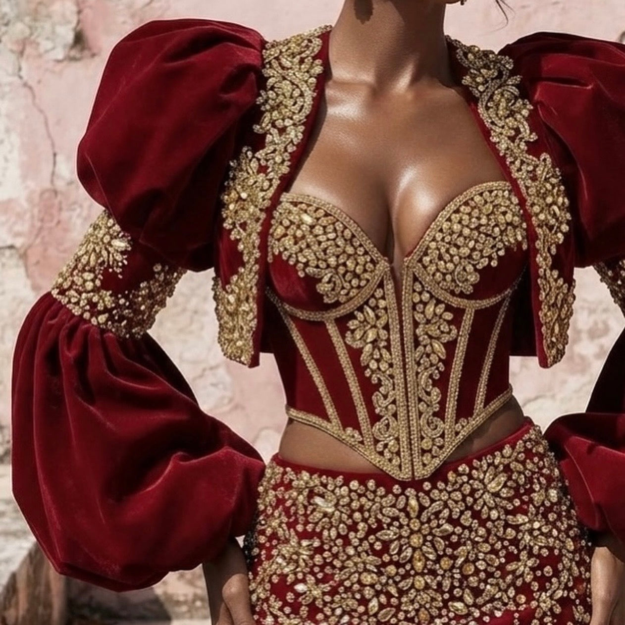 Gold & Red Velvet Embellished Set