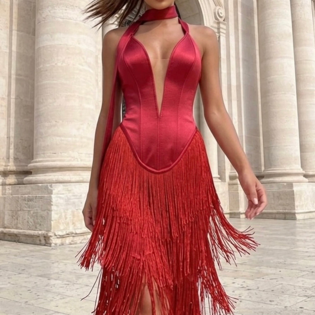 Red Fringes Bold Gown