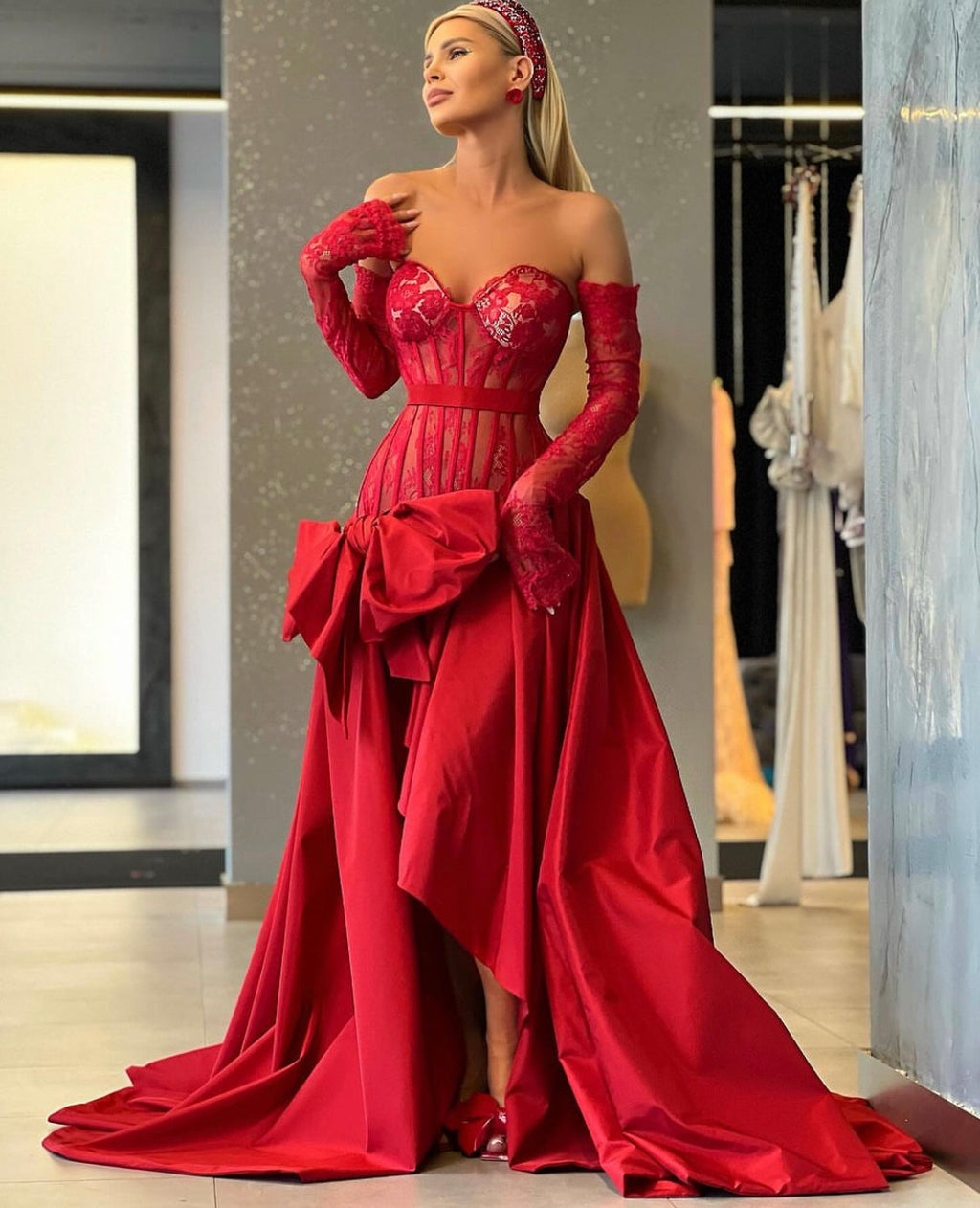 Red Bow Taffeta and Lace Gown
