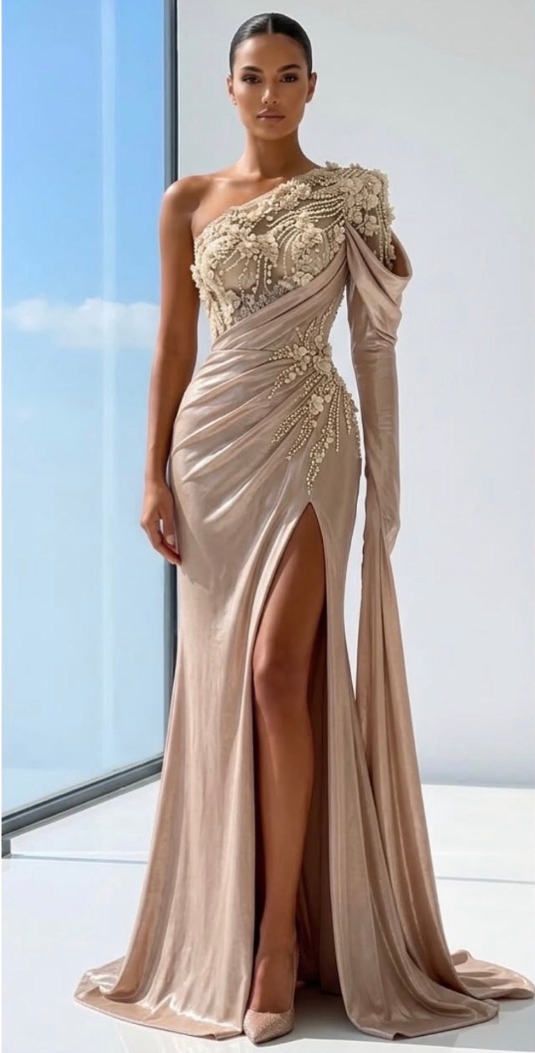 Cream Embellished One Shoulder Gown