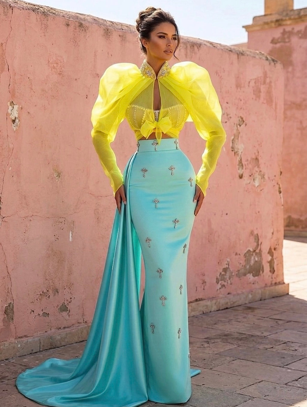 Mint & Yellow Elegant Long Set