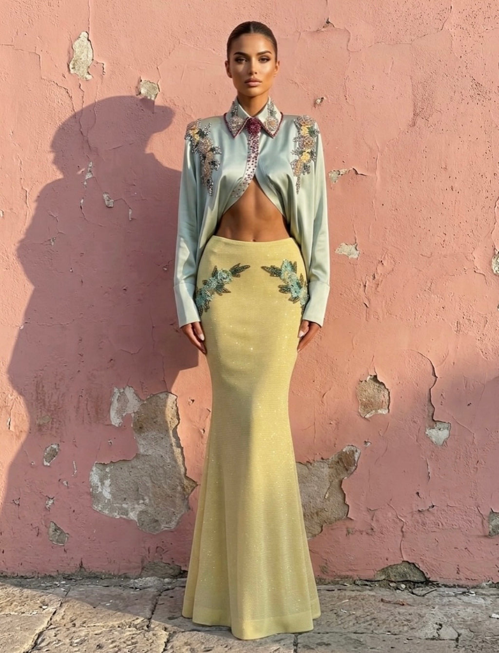 Olive Embellished Shirt & Glittery Yellow Skirt