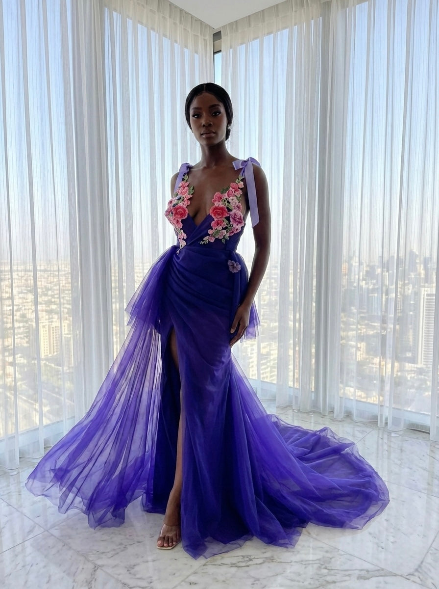 Purple Tulle Floral Details Gown