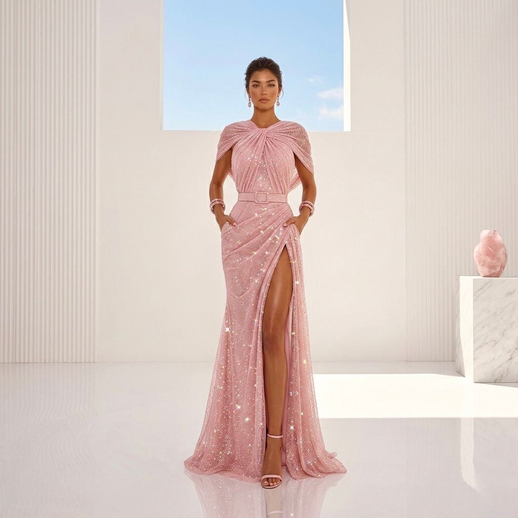 Pink Glitter Slit Gown