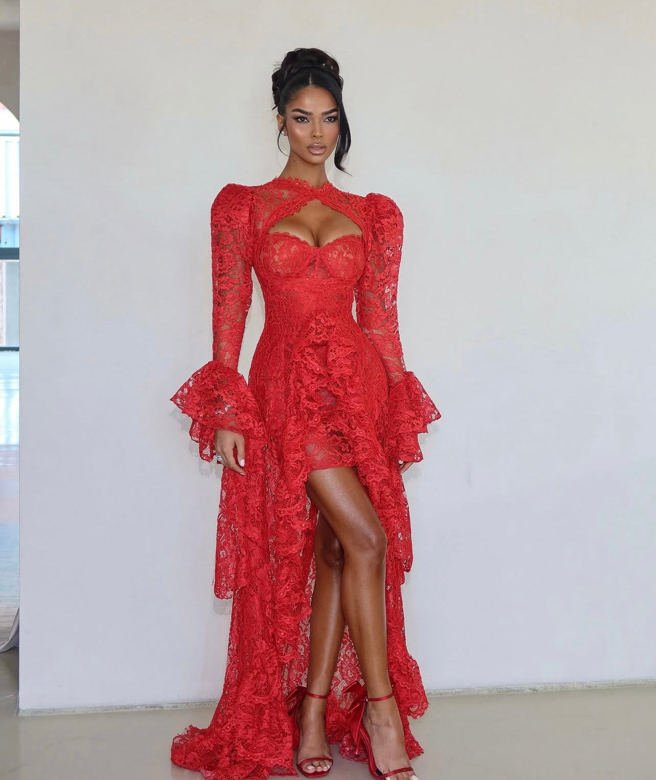 Red Lace Ruffle Gown