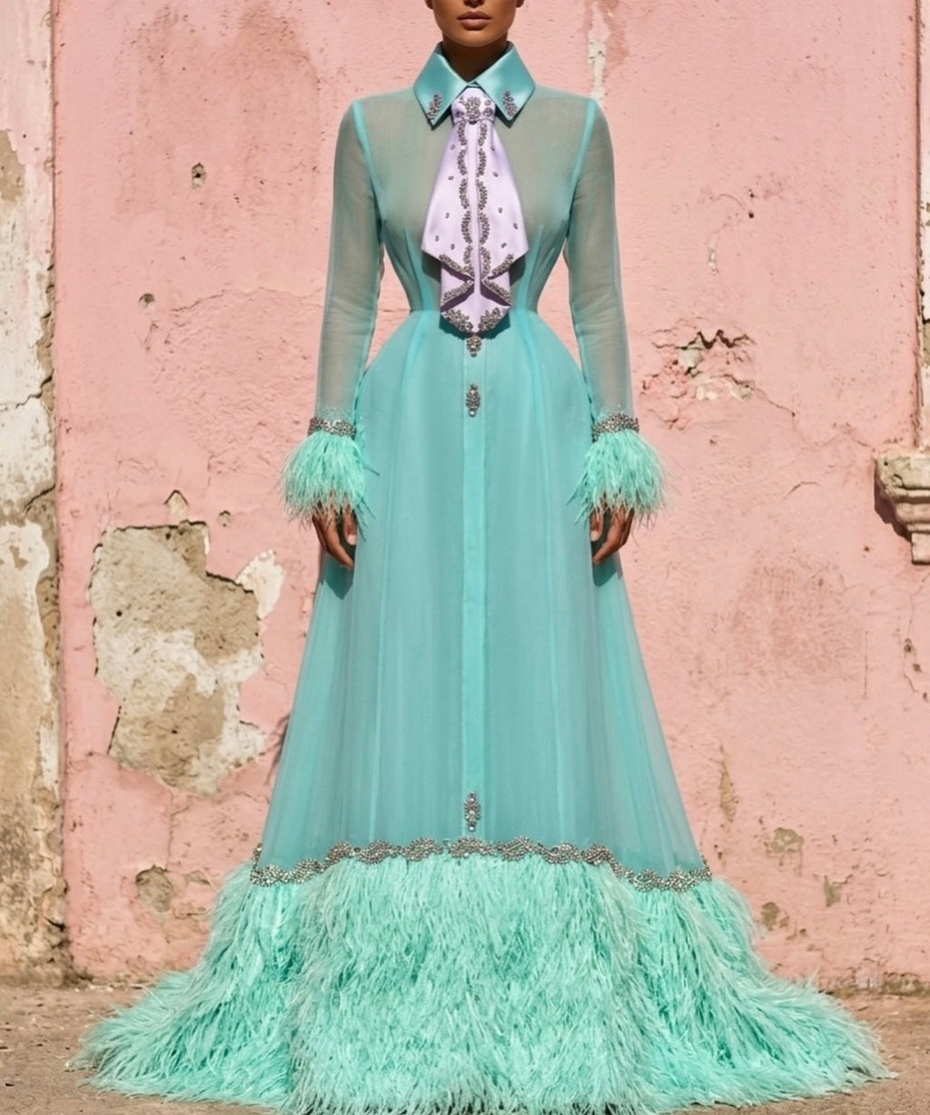 Turquoise Feather Organza Gown