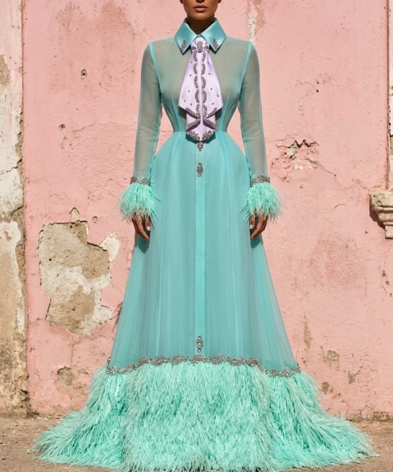 Turquoise Feather Organza Gown