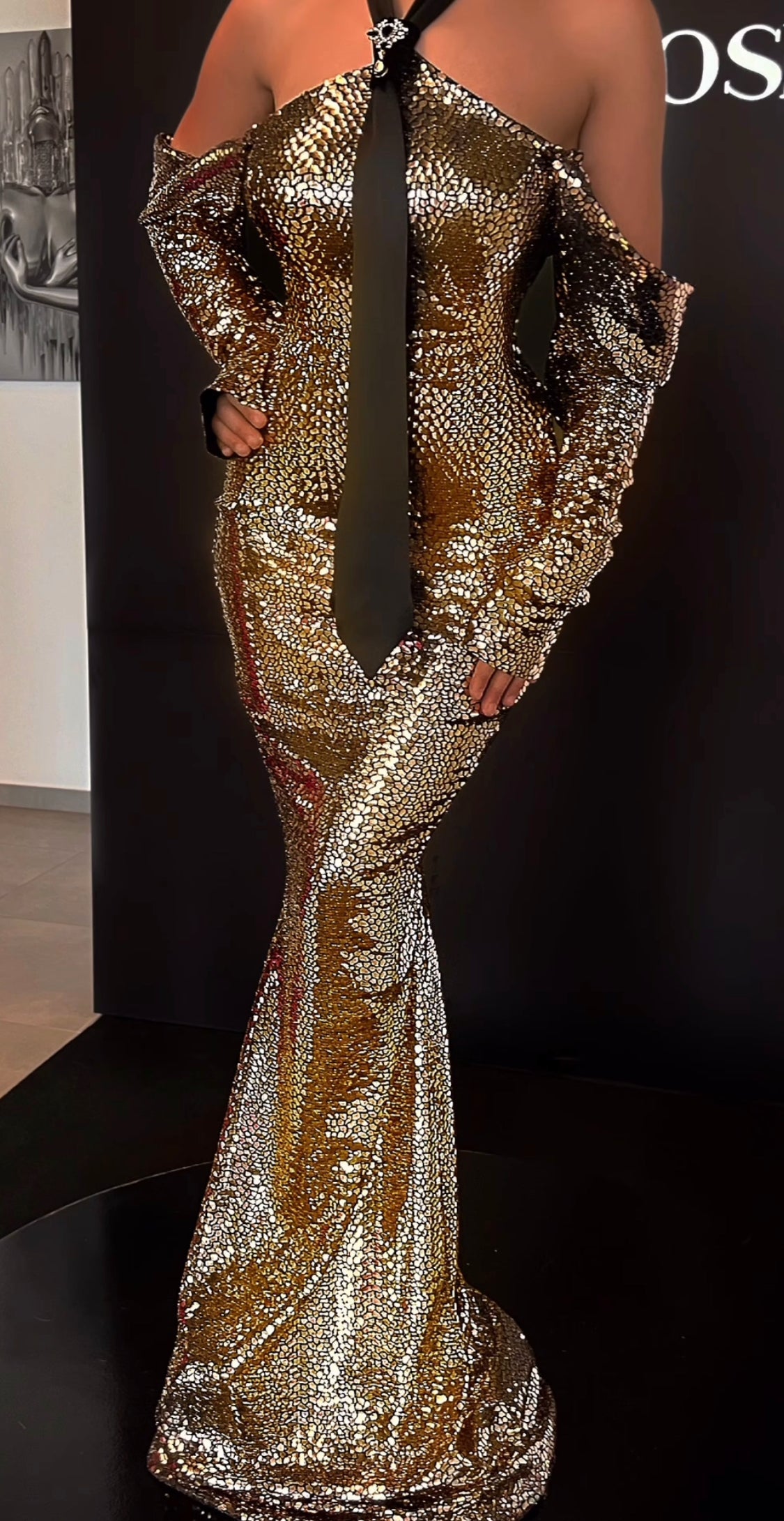 gold black tie dress Gold Sequin & Black Tie Gown – Dona Matoshi