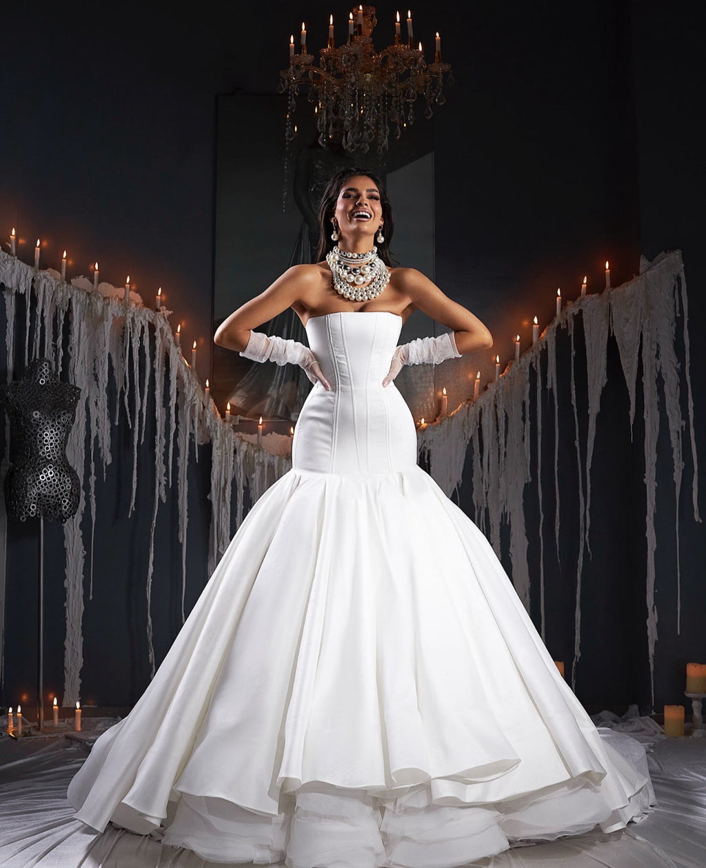 White Mermaid Gown & Rose Cape