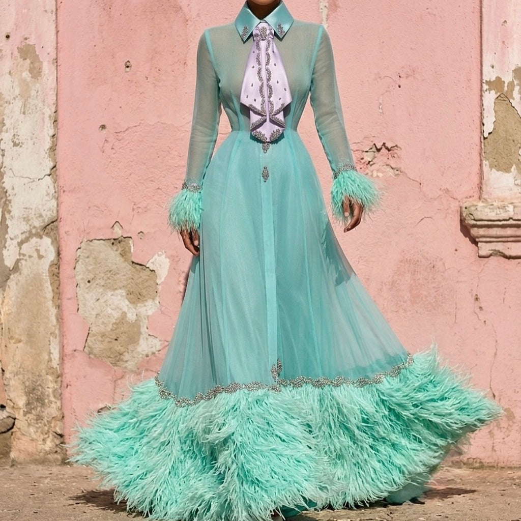 Turquoise Feather Organza Gown