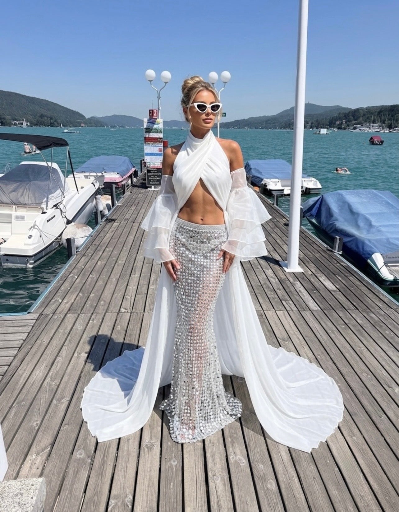 White Cape Top & Silver Sequin Skirt