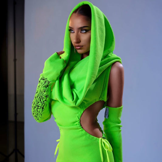 Green Neon Stretched Dress & Gloves