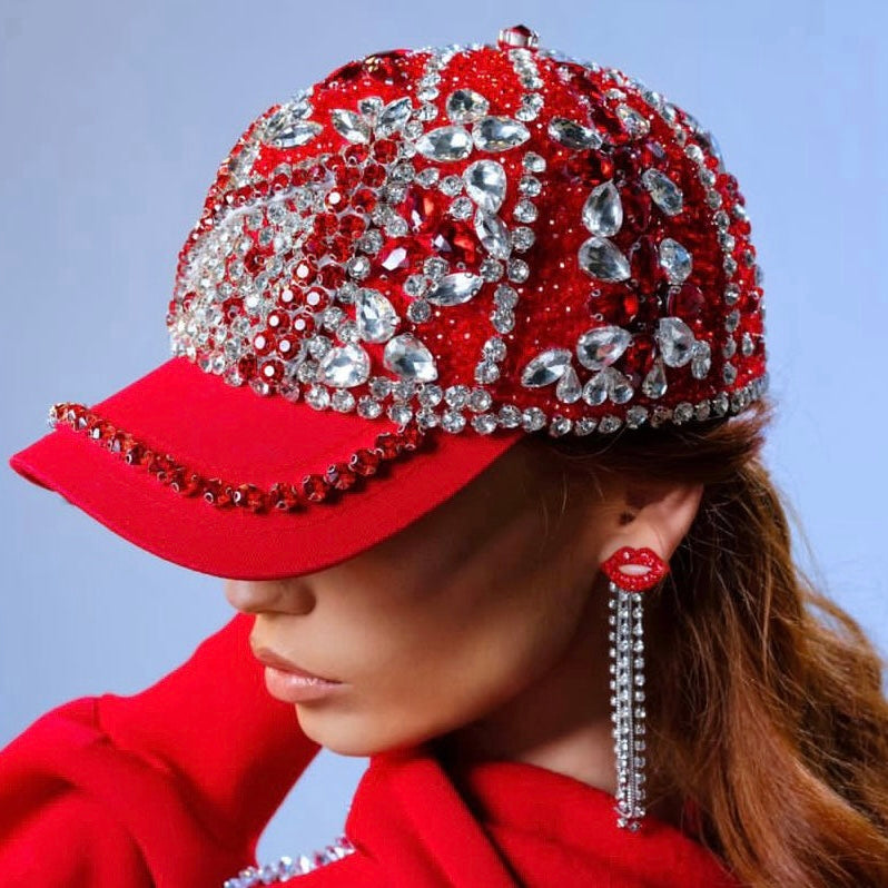 Red Crystal Embellished Cap