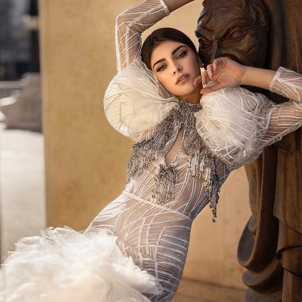 White Bridal Puffy Sleeves Midi Dress