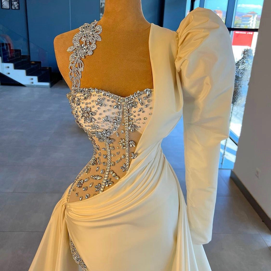 Embellished Bodice Drape Gown with Single Puffed Sleeve