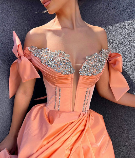 Peach Taffeta Gown with Silver Details