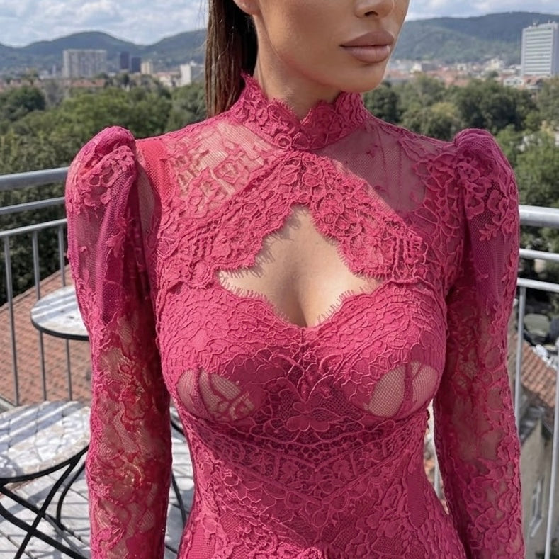 Cherry Red Lace Ruffle Dress