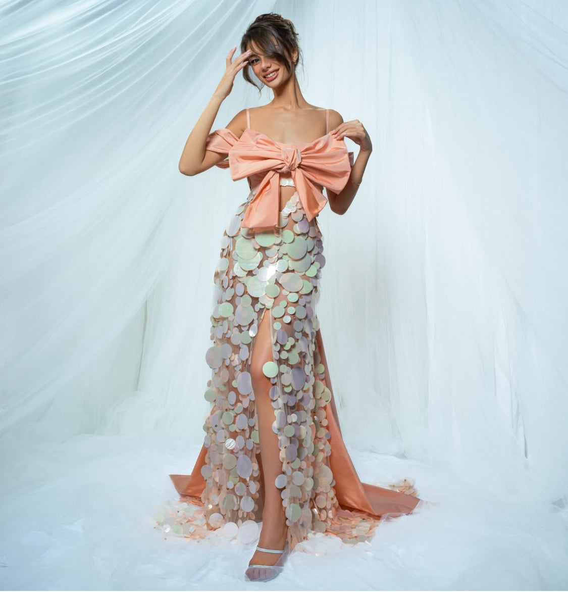 Peach Sequin Taffeta Bow Gown