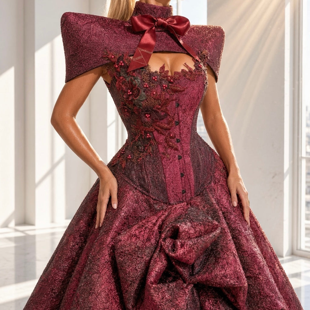 Cherry Red Brocade Elegant Gown