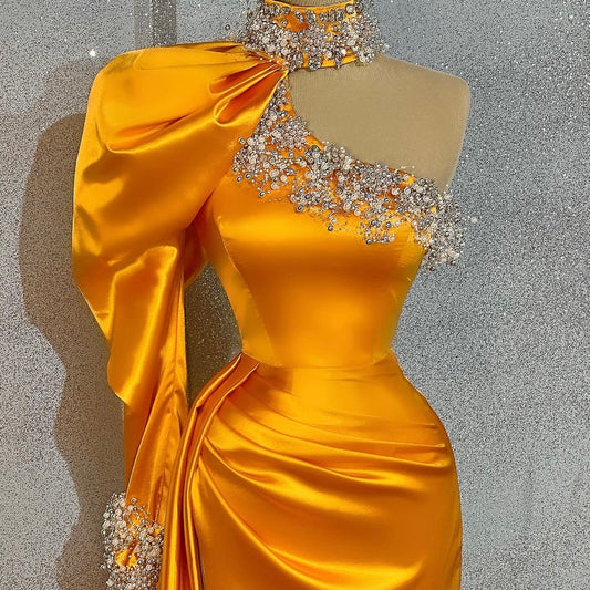 Gold Satin One Shoulder Gown