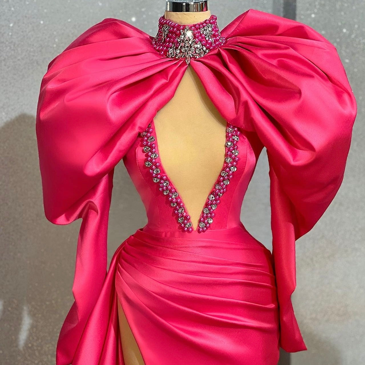 Hot Pink Satin Puffy Sleeves Gown