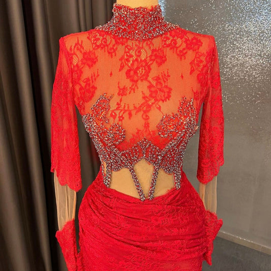 Red Lace Slit Gown Embellished in Red Crystals