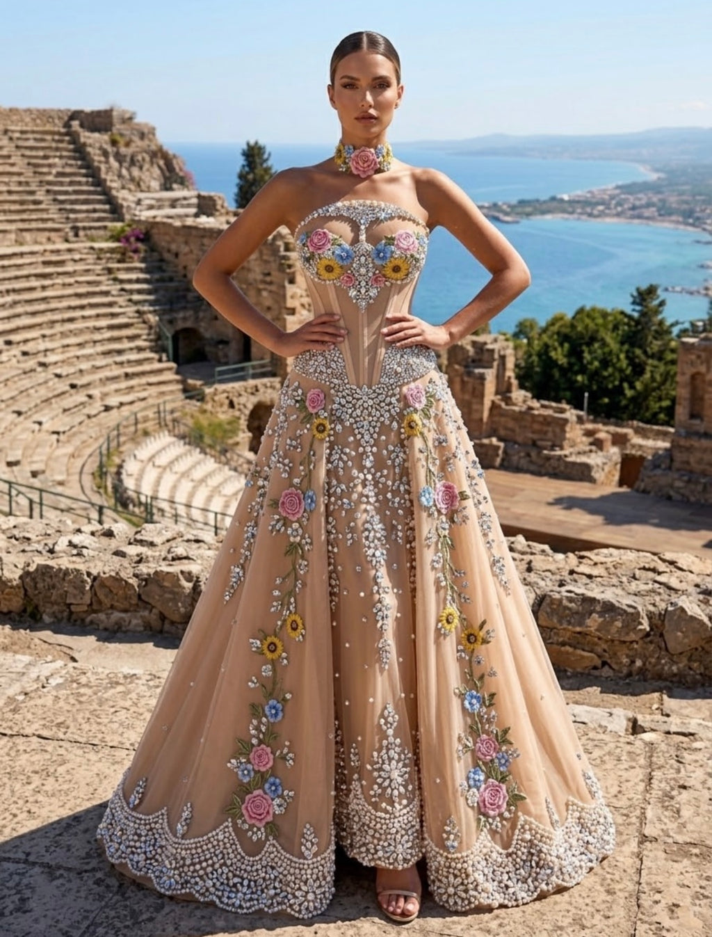 Nude Floral Embellishmed Gown
