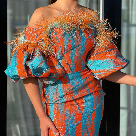 Colorful Midi Dress with Feathers