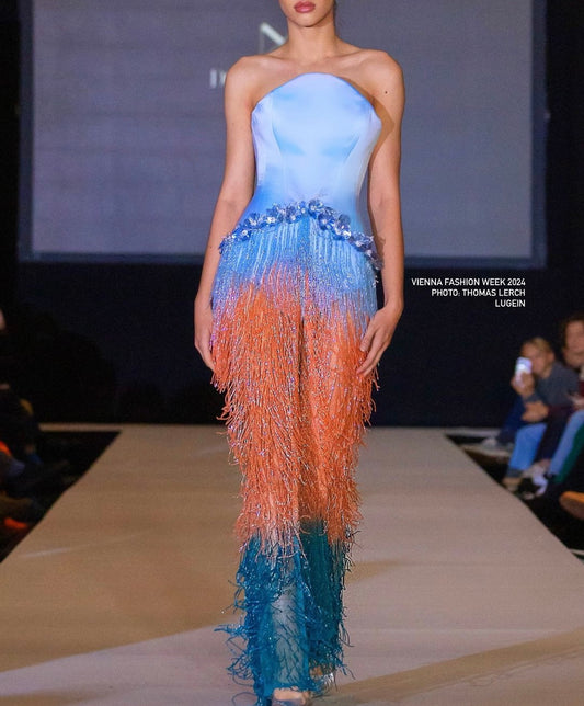 Blue Corset & Colorful Fringes Gown