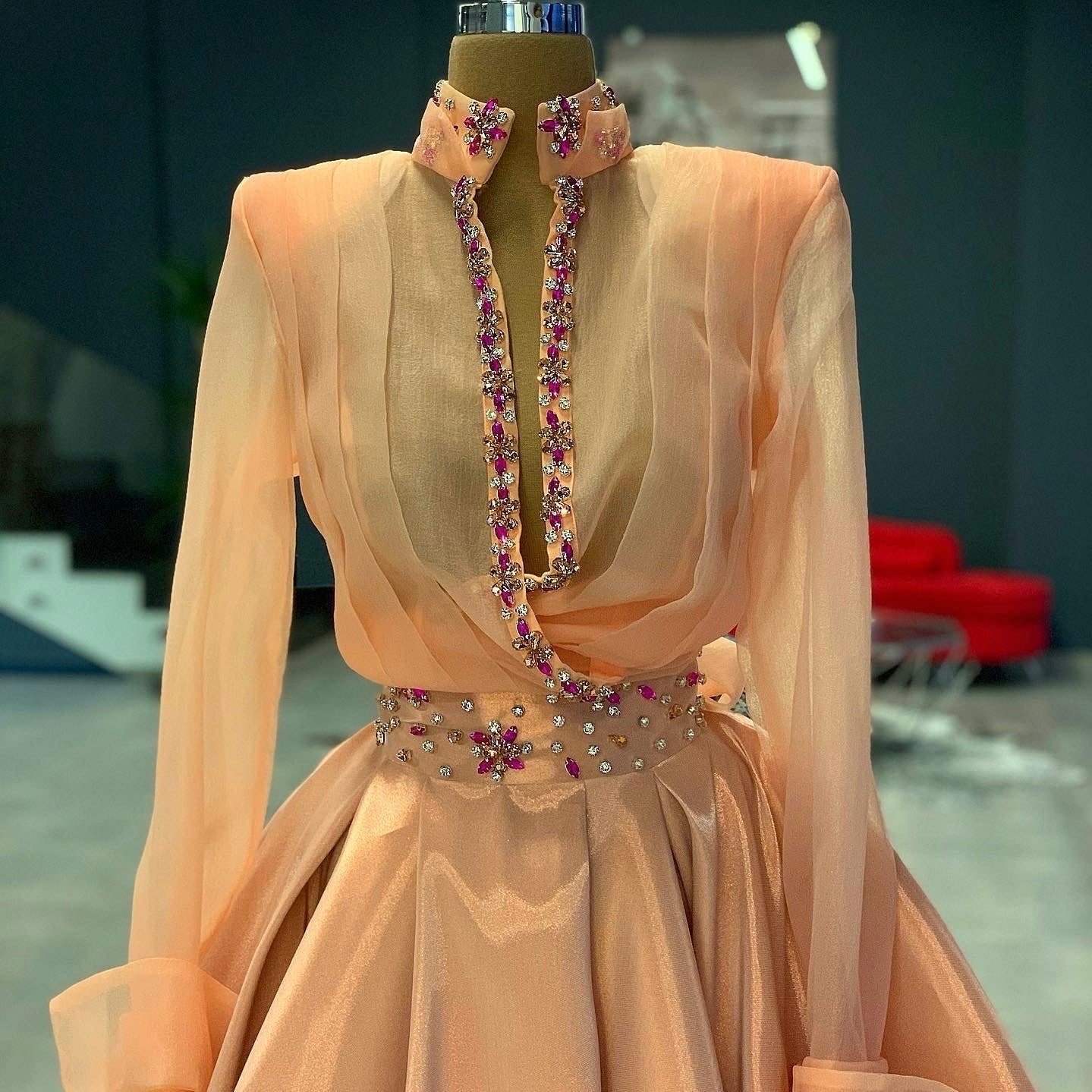 Peach Gown Shirt Organza Crystal Details