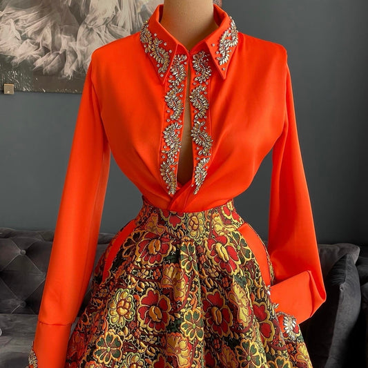 Orange Satin Shirt & Brocade Floral Gown