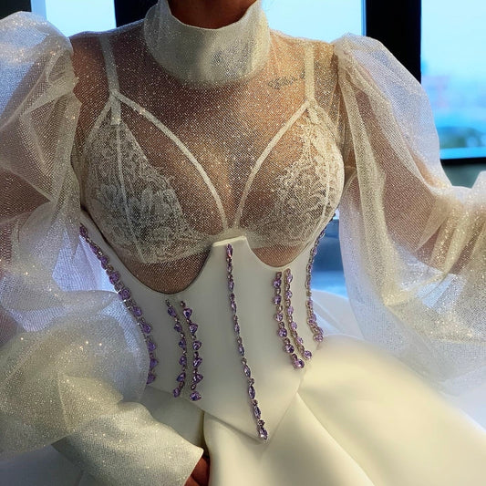 White Short Dress Corset Crystals