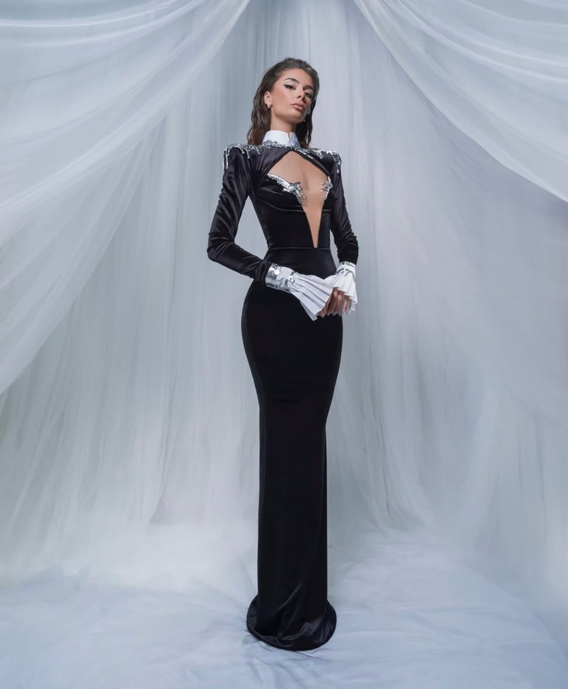 Black Velvet Gown with White & Silver Details