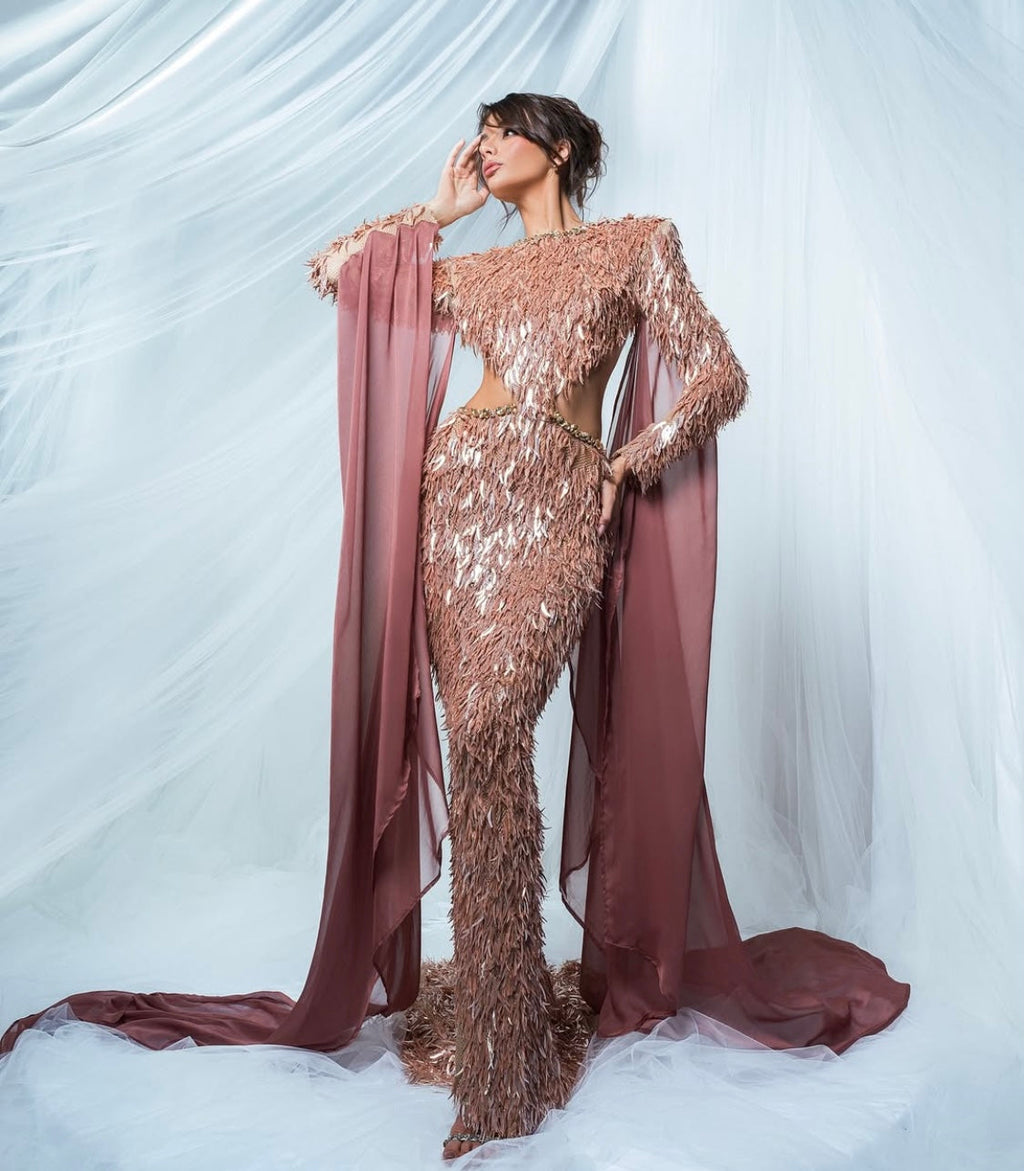 Nude Fringes with Silk Sleeves Gown