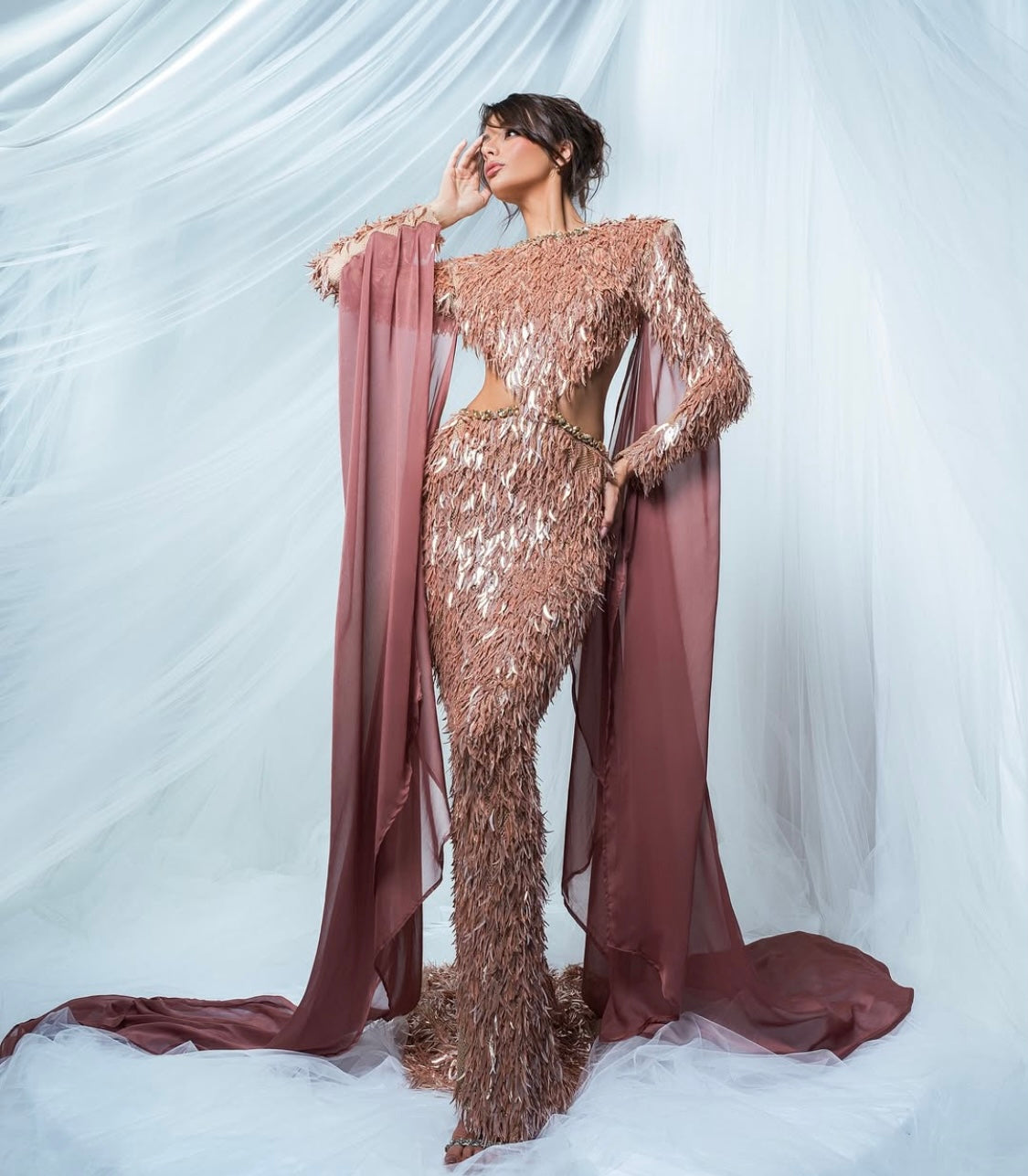 Nude Fringes with Silk Sleeves Gown