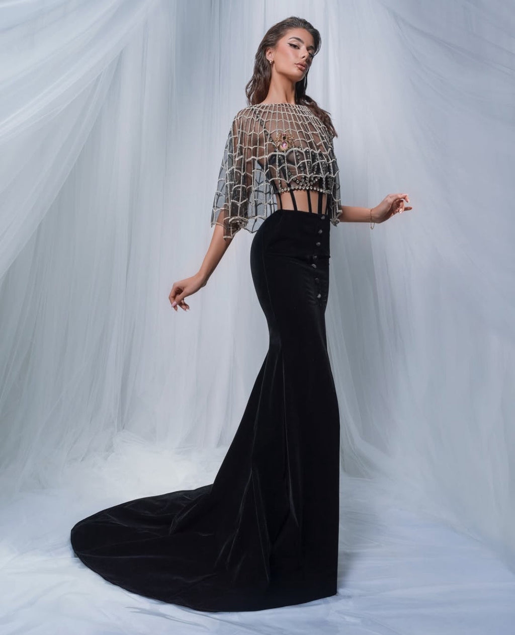 Spider Web Top & Velvet Buttoned Skirt