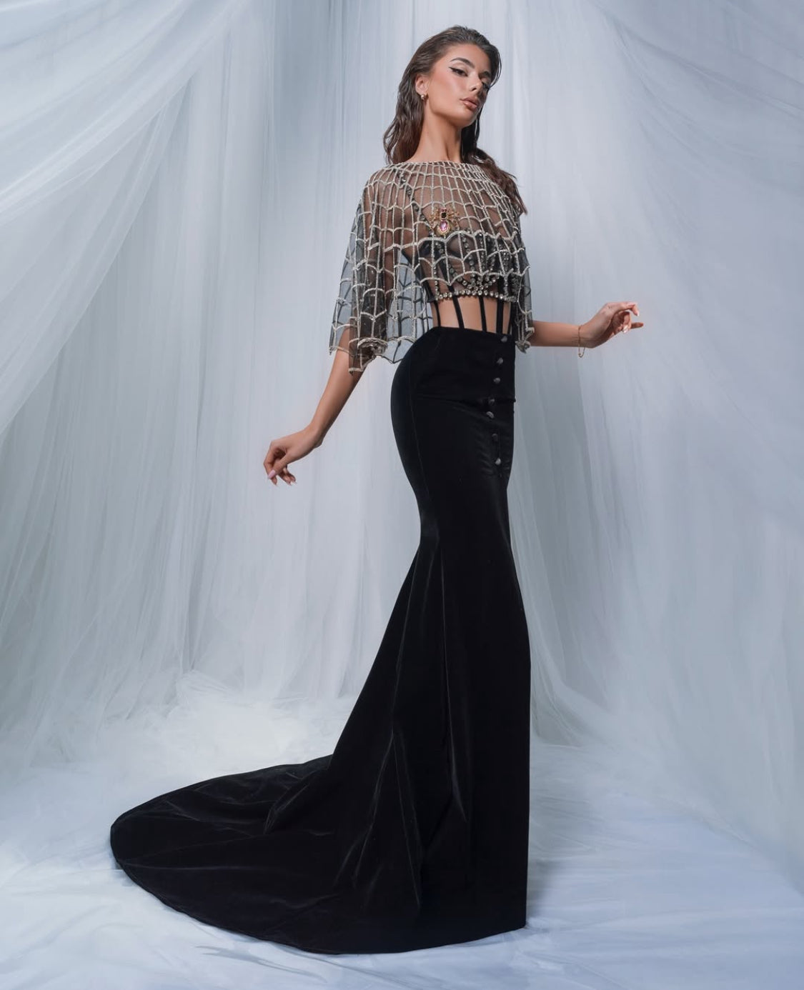 Spider Web Top & Velvet Buttoned Skirt