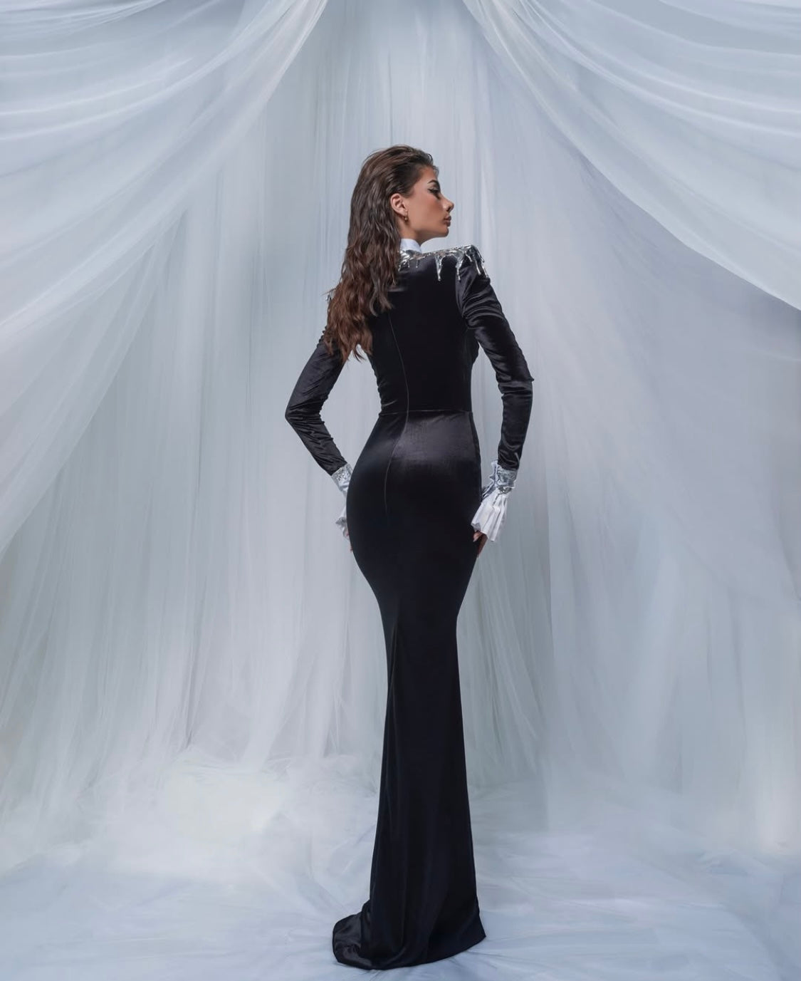 Black Velvet Gown with White & Silver Details