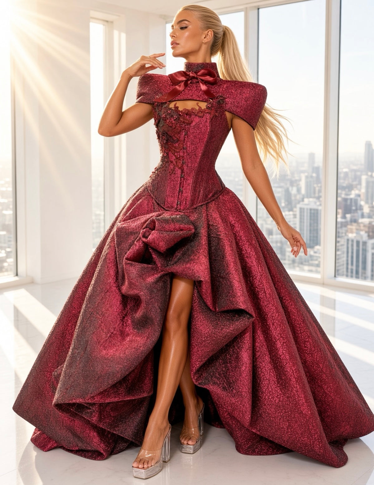 Cherry Red Brocade Elegant Gown