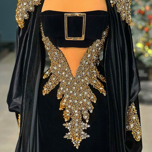 Black  Velvet Gown Gold & Silver Details