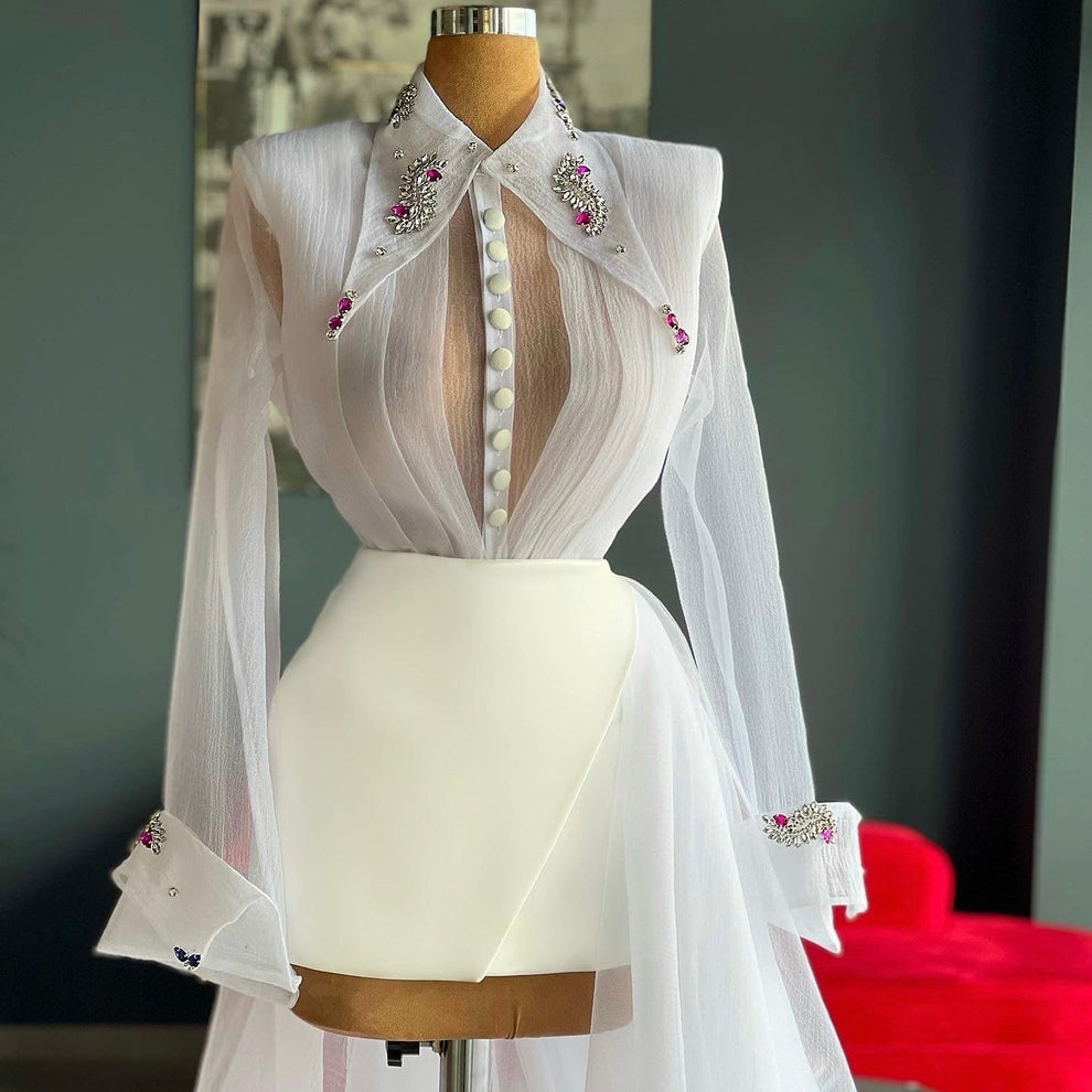 White Off-Shoulder Organza Top With Peach Skirt Set main image 1
