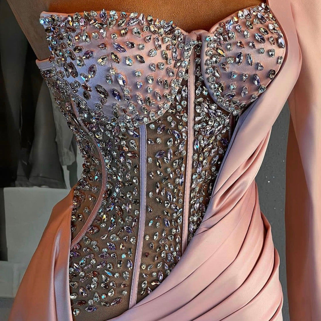 Nude One Shoulder Gown & Embellished Corset