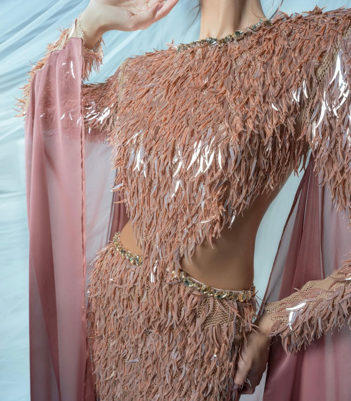 Nude Fringes with Silk Sleeves Gown