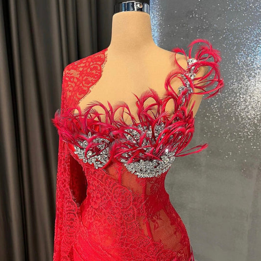 Red Lace Embellished with Silver Crystals