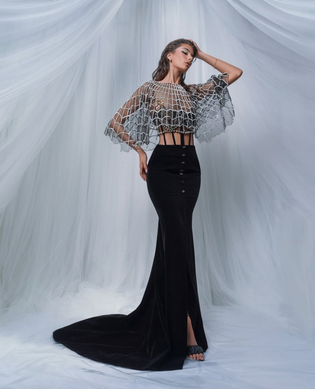 Spider Web Top & Velvet Buttoned Skirt