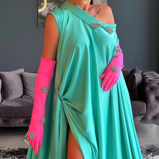 Mint Silk Gown & Pink Crystals Gloves