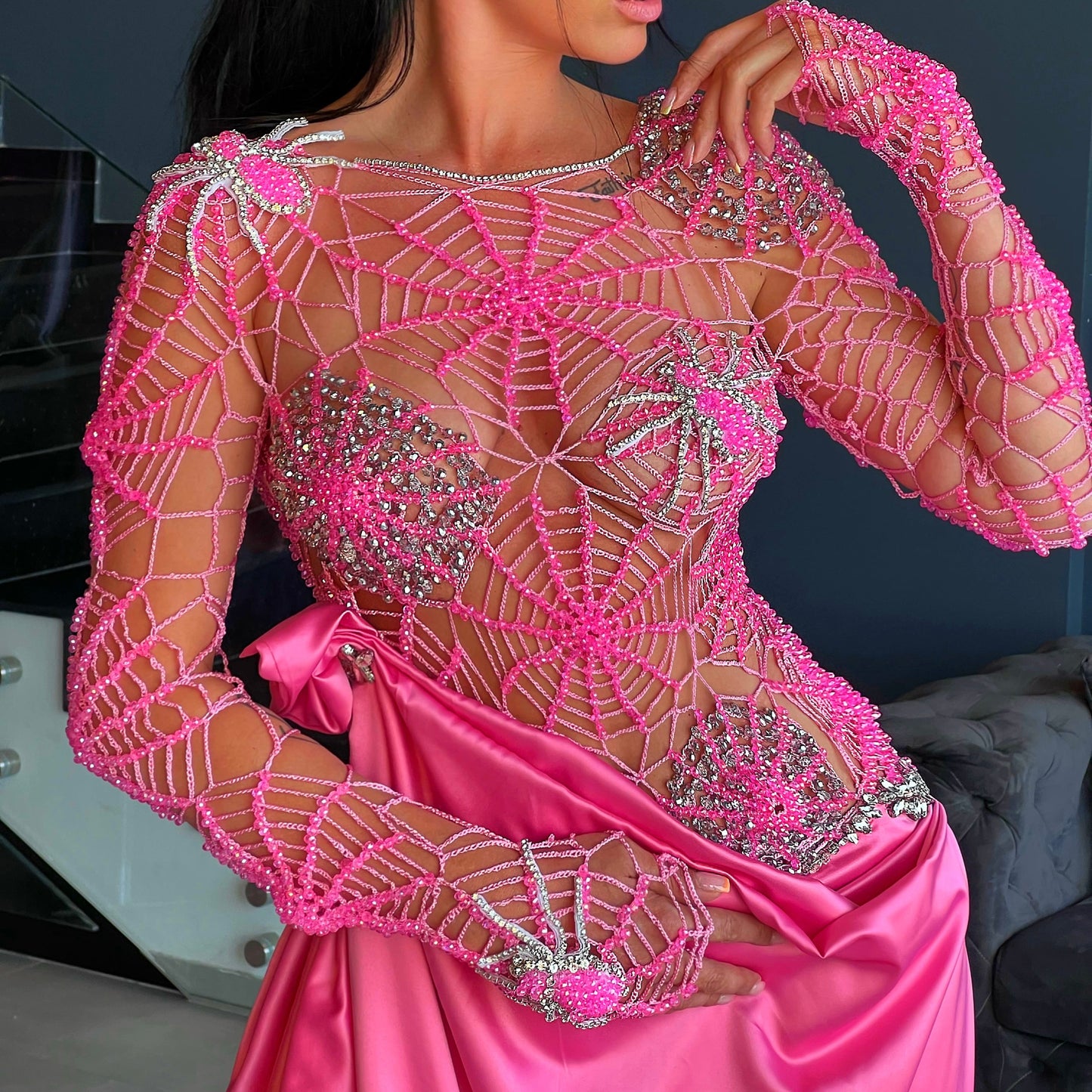 Spider Web Embellished Pink Gown