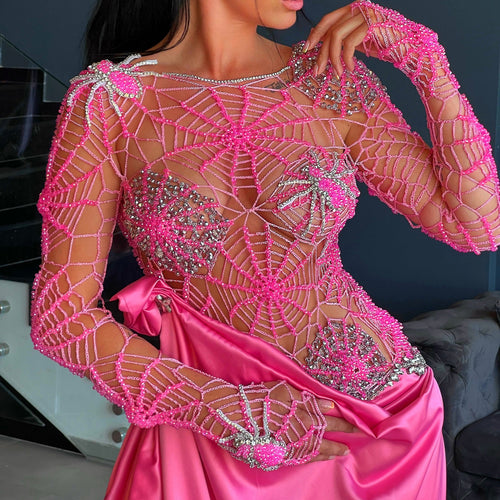 spider web sequin dress Spider Web Embellished Pink Gown – Dona Matoshi